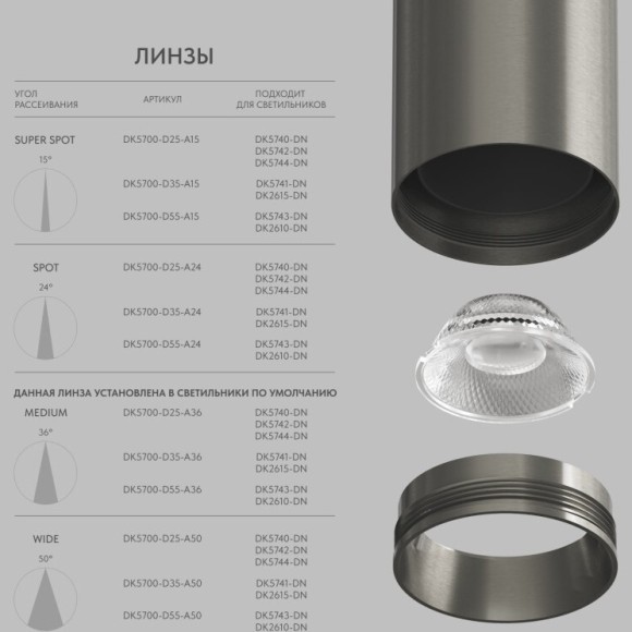 Линза 35mm, угол рассеивания света 50° для светильников SHINE DK5741/DK2615, поликарбонат