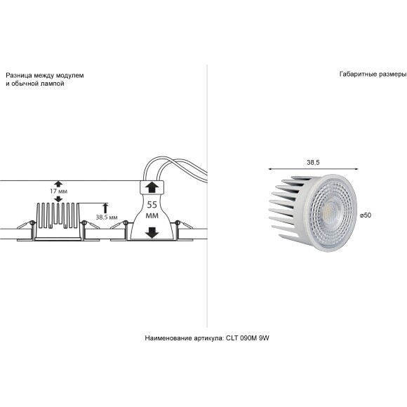 Crystal Lux CLT 090M 9W 3000K WH 0990/054 Светодиодный модуль, замена ламп GU10 и GU5.3 формата MR16, размер 50x38мм, 9Вт 3000К 980лм CRI90 55° IP20 220V Crystal Lux CLT 090M 9W 3000K WH 0990/054 Светодиодный модуль, замена ламп GU10 и GU5.3 формата MR16, размер 50x38мм, 9Вт 3000К 980лм CRI90 55° IP20 220V