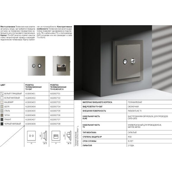VLS002706 Накладка для розетки TV+RJ45 (CAT5-CAT6 + RG6 или РК 75-4,8-31 титанового цвета VOLTUM S70 (титан)