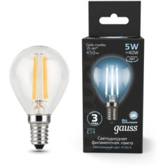 105801205 Лампа Gauss LED Filament Шар E14 5W 450lm 4100K 1/10/50 105801205 Лампа Gauss LED Filament Шар E14 5W 450lm 4100K 1/10/50