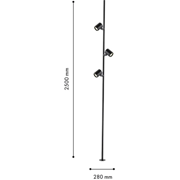 Favourite Securitas 4638-3F Уличный парковый светильник, высотой 2.5м, с тремя плафонами, хай-тек, LED 3x12Вт сумм. 3150Лм 3000К CRI90 60° IP65 220В, размеры в мм L280xW100xH2500
