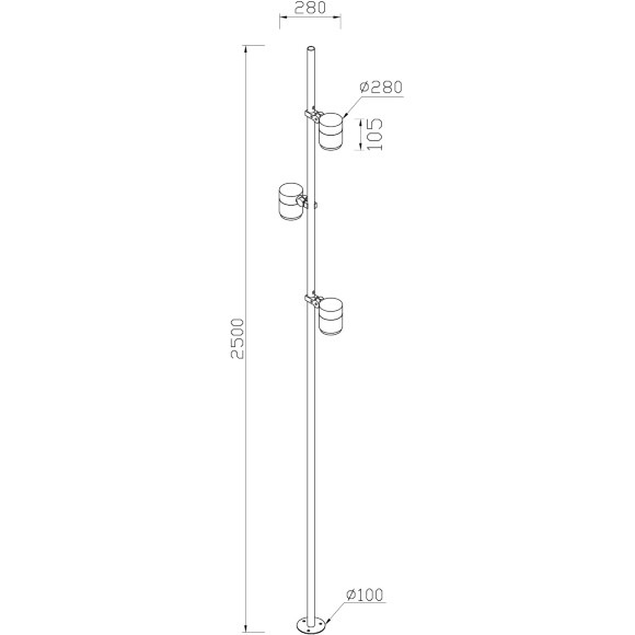 Favourite Securitas 4638-3F Уличный парковый светильник, высотой 2.5м, с тремя плафонами, хай-тек, LED 3x12Вт сумм. 3150Лм 3000К CRI90 60° IP65 220В, размеры в мм L280xW100xH2500
