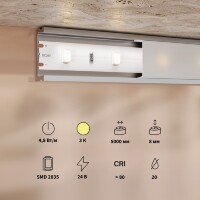 Maytoni 201165 Светодиодная лента 5 метров, ширина 8мм серия BASE SMD2835 24V 4,8Вт/м 480Лм/м 3000К IP20 CRI80 120° кратность резки 100мм, раб. температура -30...+60°С