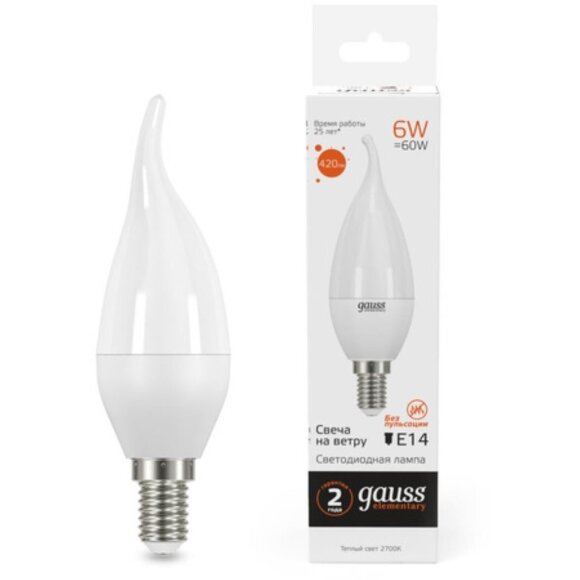 34116 Лампа Gauss Elementary Свеча на ветру 6W 420lm 3000K Е14 LED 1/10/50