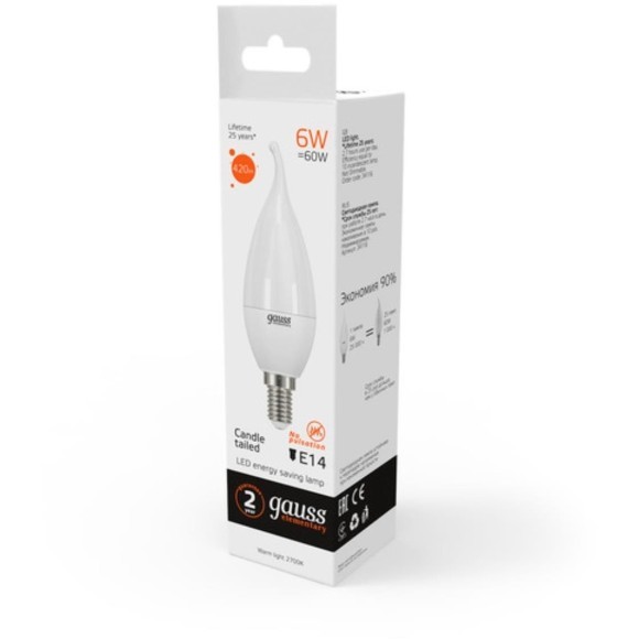 34116 Лампа Gauss Elementary Свеча на ветру 6W 420lm 3000K Е14 LED 1/10/50
