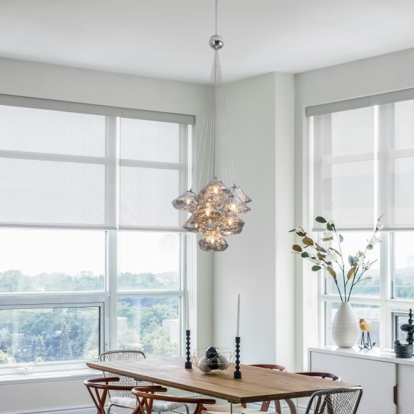 Хромированный подвесной светильник с 10 лампами G9 и прозрачными стеклянными плафонами Freya Eatery FR5488PL-10CH Хромированный подвесной светильник с 10 лампами G9 и прозрачными стеклянными плафонами Freya Eatery FR5488PL-10CH