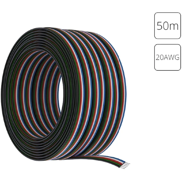 Arte Lamp A20-5W Провод 5-и жильный для RGB+W светодиодной ленты (ленты RGB + отдельный диод монохромной или MIX цветности), длина бухты 50м, калибр 20AWG, сечение 0,52 мм², луженая медь, черно-бело-зелено-красно-синяя оплетка