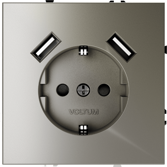 VLS040404 Розетка встраиваемая с заземлением и защитными шторками и с двумя USB A+A Зарядками TYPE-А. Ток 16 Ампер (3500 Ватт) шелкового цвета VOLTUM S70 (шелк)