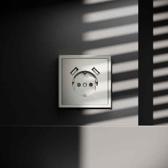 VLS040404 Розетка встраиваемая с заземлением и защитными шторками и с двумя USB A+A Зарядками TYPE-А. Ток 16 Ампер (3500 Ватт) шелкового цвета VOLTUM S70 (шелк)