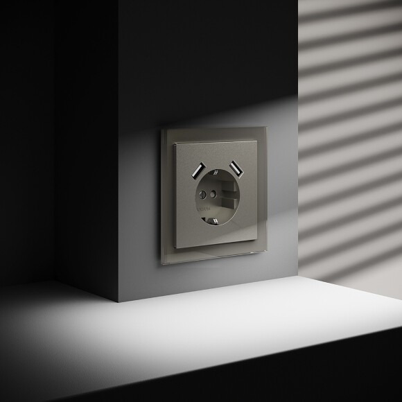 VLS040404 Розетка встраиваемая с заземлением и защитными шторками и с двумя USB A+A Зарядками TYPE-А. Ток 16 Ампер (3500 Ватт) шелкового цвета VOLTUM S70 (шелк)