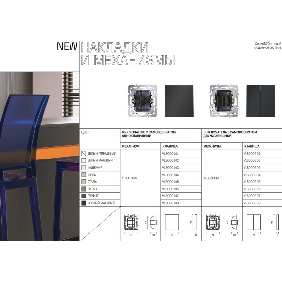 VLS000307 Клавиши для выключателя и переключателя двухклавишного графитового цвета VOLTUM S70 (графит)