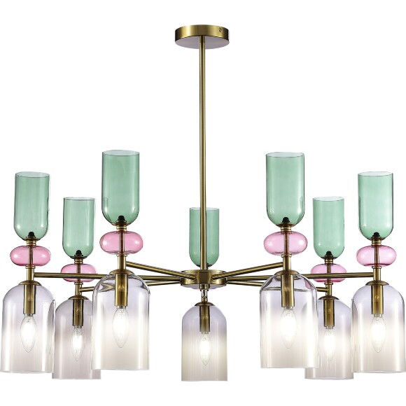 ST Luce GEA SL2000.202.07 Люстра потолочная декоративная, подвесная на штанге, интерьерная, основание металл бронза, плафоны стекло дымчатый, зеленый, розовый, лампы E14 7x40W, 220В