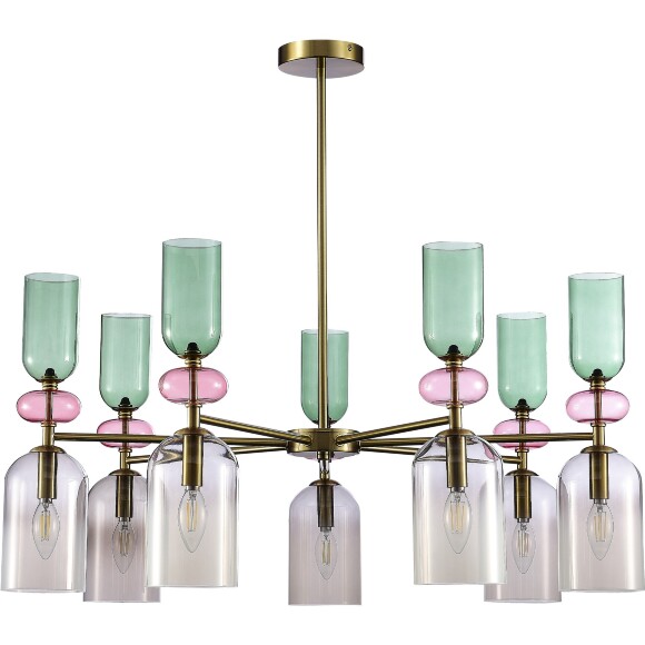 ST Luce GEA SL2000.202.07 Люстра потолочная декоративная, подвесная на штанге, интерьерная, основание металл бронза, плафоны стекло дымчатый, зеленый, розовый, лампы E14 7x40W, 220В