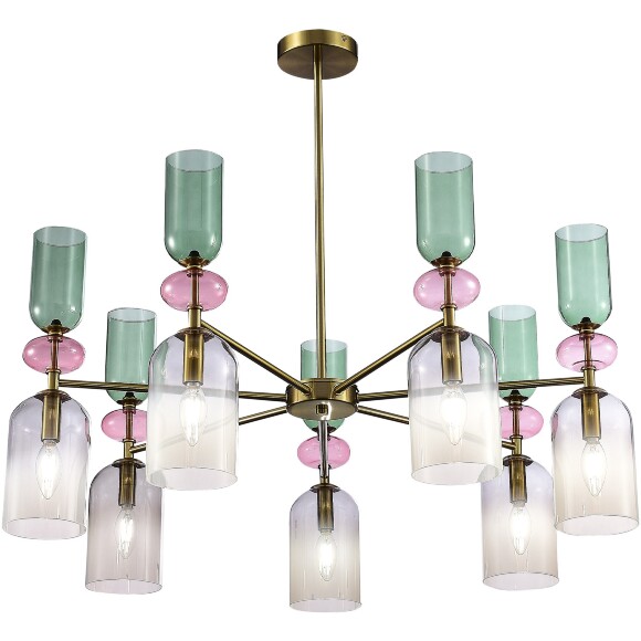 ST Luce GEA SL2000.202.07 Люстра потолочная декоративная, подвесная на штанге, интерьерная, основание металл бронза, плафоны стекло дымчатый, зеленый, розовый, лампы E14 7x40W, 220В