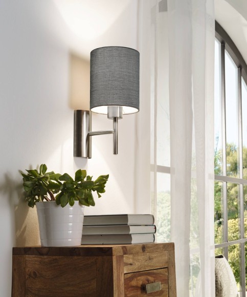 94926 PASTERI Бра настенное с одной лампой E27, 60Вт, механический выключатель, серый ткань, никелевый металл 94926 PASTERI Бра настенное с одной лампой E27, 60Вт, механический выключатель, серый ткань, никелевый металл