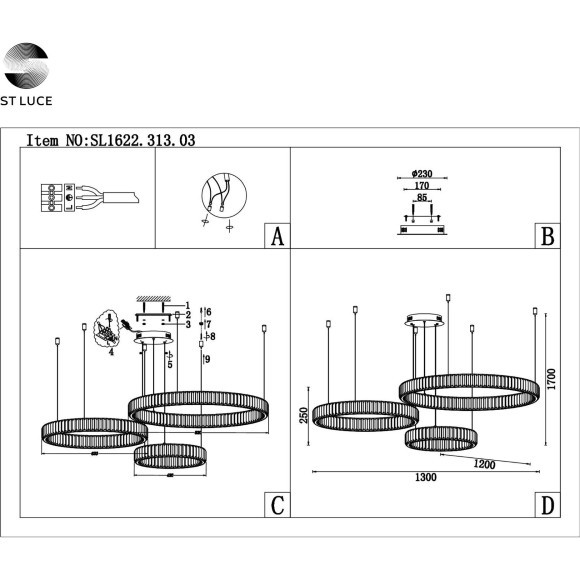 SL1622.313.03 ST Luce TIVOLI Подвесная люстра, LED, 4000K 1х122W, латунь/прозрачный