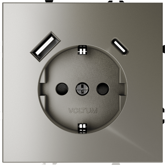 VLS040504 Розетка встраиваемая с заземлением и защитными шторками и с двумя USB зарядками Type-А и Type-C. Ток 16 Ампер (3500 Ватт) шелкового цвета VOLTUM S70 (шелк)