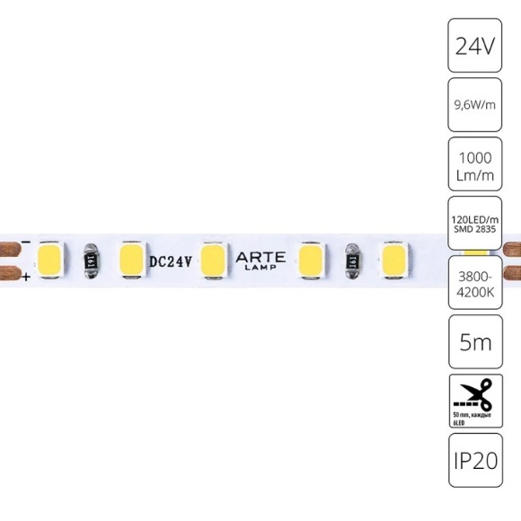 A2412005-02-4K Светодиодная лента 24В 9,6Вт/м 1000Лм/м 4000К CRI 90+ 5мм SMD2835 120шт/м 5м IP20