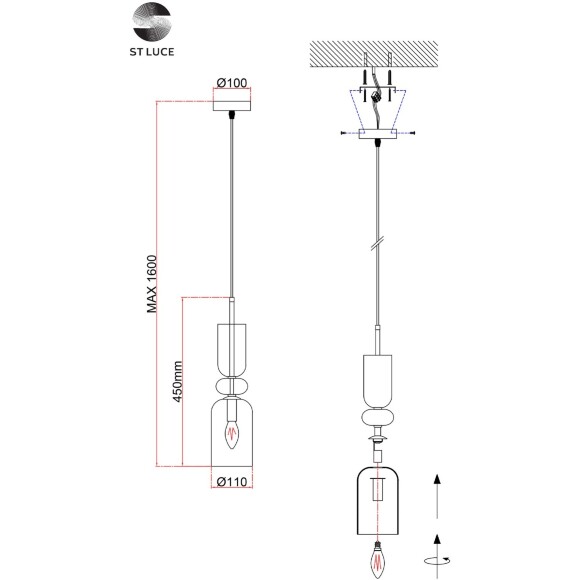 ST Luce Gea SL2000.203.01 Светильник подвесной 500-1600мм, декоративный интерьерный подвес для кухни и гостиной диаметром 110мм, основание металл бронза, плафон стекло розовый, зеленый, дымчатый, лампа E14 1x40W IP20 220В