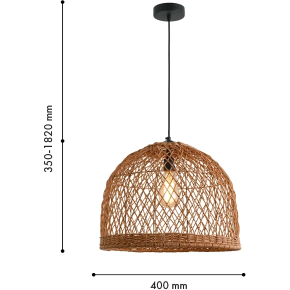 Favourite Gamble 4878-1P Уличный подвесной влагозащищенный светильник из ротанга коричневого цвета, диаметр 40см, под сменную лампу Е27, IP44, 220В, габаритные размеры в мм H1820xD400xHm350
