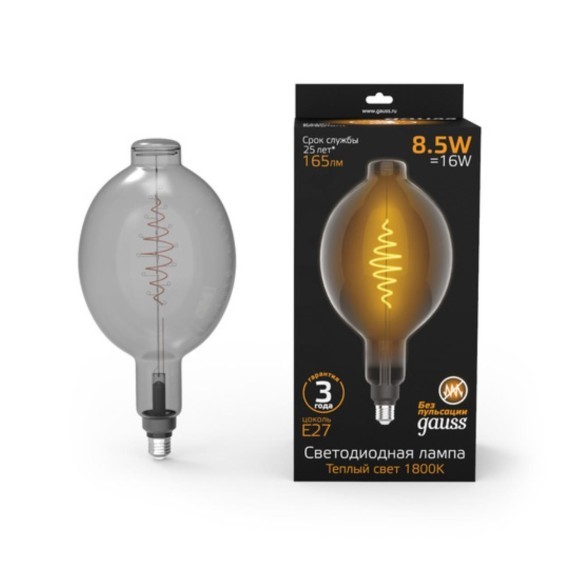 152802005 Лампа Gauss Filament BT180 8.5W 165lm 1800К Е27 gray flexible LED 1/2