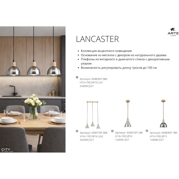 Arte Lamp Lancaster A5891SP-1BK Подвесной современный светильник с янтарным плафоном из стекла диаметром 15 см, основание из натурального светлого дерева, высота провода 100 см, лампа E27 1шт до 60Вт IP20 220В