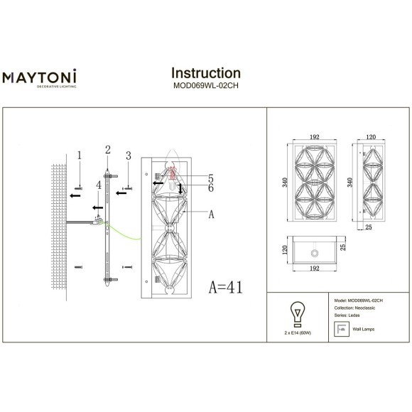 Настенный светильник (бра) Maytoni Ledas E14 220V IP20 MOD069WL-02CH