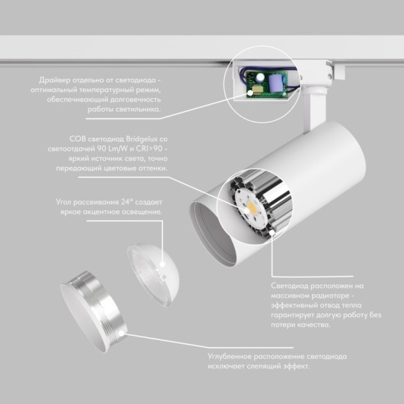 DK6451-WH Трековый светодиодный однофазный двужильный светильник Denkirs SOLID KOPER, 3000K, 15W, 1350Лм, 24° 220V DK6451-WH Трековый светодиодный однофазный двужильный светильник Denkirs SOLID KOPER, 3000K, 15W, 1350Лм, 24° 220V
