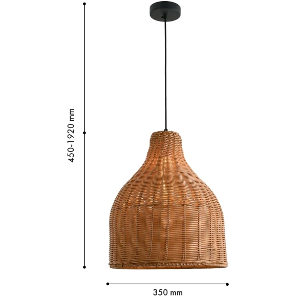 Favourite Elmo 4880-1P Уличный подвесной влагозащищенный светильник из ротанга коричневого цвета, диаметр 35см, под сменную лампу Е27, IP44, 220В, габаритные размеры в мм H1920xD450xHm350