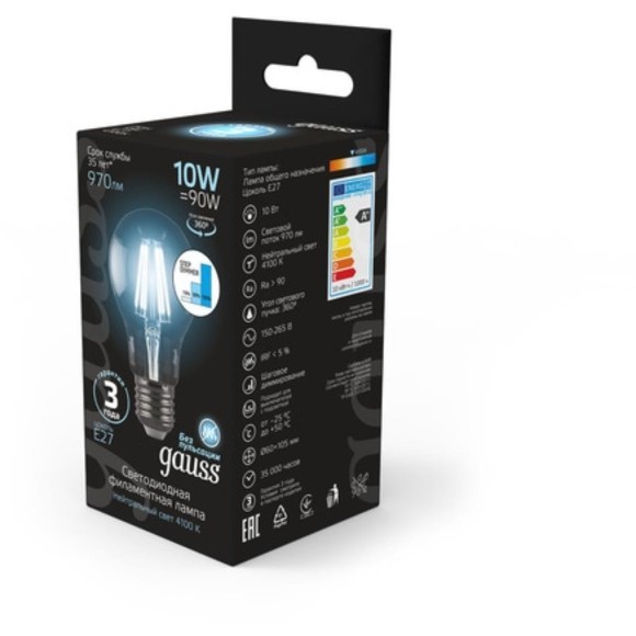 102802210-S Лампа Gauss Filament А60 10W 970lm 4100К Е27 шаг. диммирование LED 1/10/40