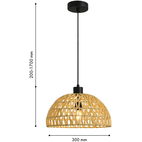 Favourite Canasto 4881-1P Уличный подвесной влагозащищенный светильник из ротанга светло-коричневого цвета, диаметр 30см, под сменную лампу Е27, IP44, 220В, габаритные размеры в мм H1700xD300xHm200