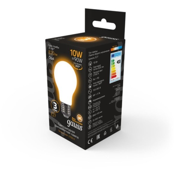 102202110 Лампа Gauss LED Filament A60 OPAL E27 10W 820lm 2700К 1/10/40