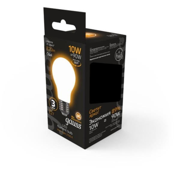 102202110 Лампа Gauss LED Filament A60 OPAL E27 10W 820lm 2700К 1/10/40