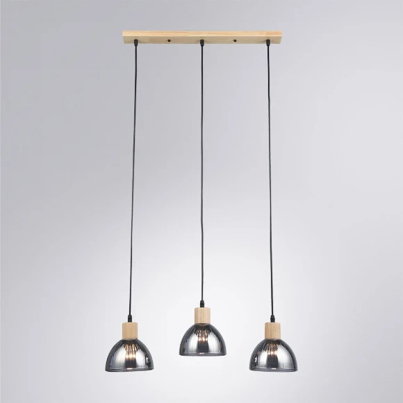 Arte Lamp Lancaster A5869SP-3BK Тройной подвесной современный светильник с дымчатым плафоном из стекла диаметром 15 см, основание из натурального светлого дерева, высота провода 100 см, лампы E27 3шт до 60Вт IP20 220В