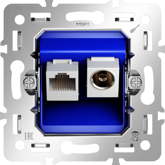 VLS0607M Механизм розетки компьютерной RJ45 и ТV Телевизионной оконечной для антренных кабелей RG6 или РК 75-4,8-31. Патчкорд категории 6Е (для проводов CAT5-CAT6 до 10 Гбит/сек), VOLTUM S70