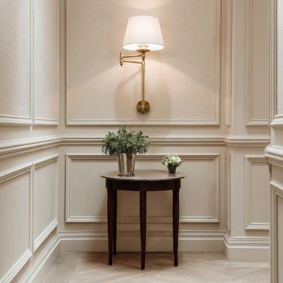 Бра Lightstar Flop 766611 с поворотным коленом, на вертикальном отступном основании латунного цвета, белый плафон, сменная лампа Е27, без выключателя на корпусе