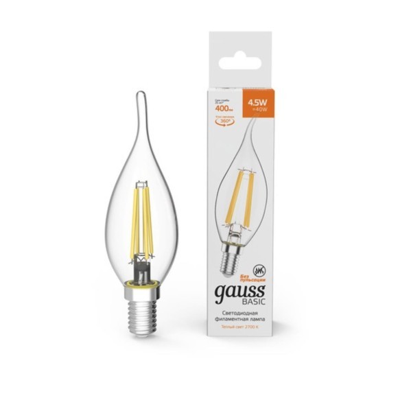 1041115 Лампа Gauss Basic Filament Свеча на ветру 4,5W 400lm 2700К Е14 LED 1/10/50