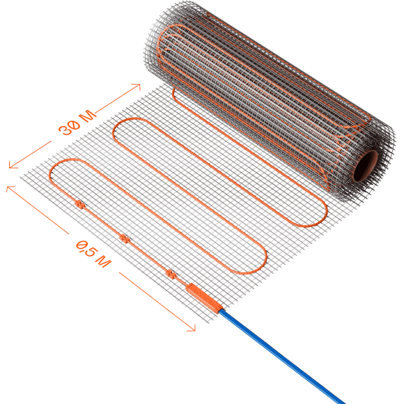 VLT01-150-15 Нагревательный мат (Теплый пол) длиной 30 метров и шириной полметра (0,5 метра) Voltum Т150 мощность 2250Вт 150Вт/м², двужильный экранированный кабель, клеевая основа, укладка в плиточный клей/стяжку, гарантия 25 лет