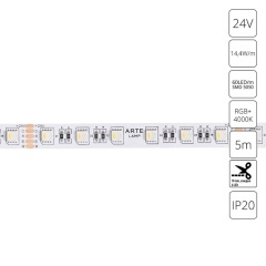 Arte Lamp A2406012-01-RGB4K Светодиодная лента RGB+4000K, длина 5м, ширина 12 мм, SMD5050 14,4Вт/м (на канал 3,6Вт/м) 590Лм/м (R:75Лм G:190 B:45 W: 280) 120° CRI90+ IP20 24В, кратность резки 100мм, -20°...+45°C