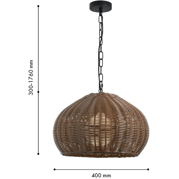 Favourite Wicker 4883-1P Уличный подвесной влагозащищенный светильник с плафоном из коричневого ротанга диаметром 40см, высота плафона 30см, общая высота 176см, лампа Е27 1шт макс 40Вт, IP44, 220В