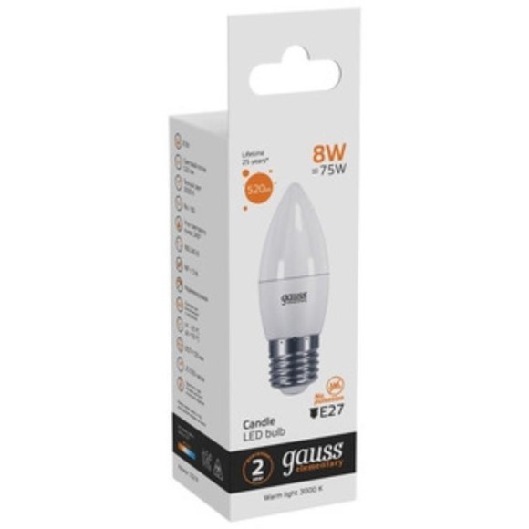 33218 Лампа Gauss LED Elementary Свеча 8W E27 520lm 3000K 1/10/100
