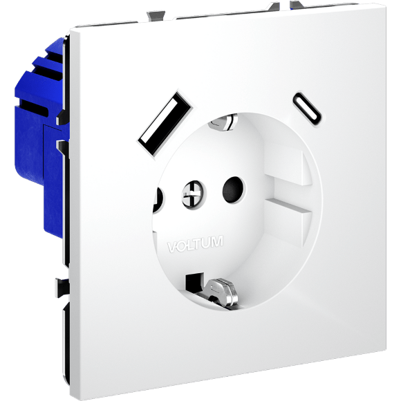 VLS040502 Розетка встраиваемая с заземлением и защитными шторками и с двумя USB зарядками Type-А и Type-C. Ток 16 Ампер (3500 Ватт) белого матового цвета VOLTUM S70 (белый матовый)