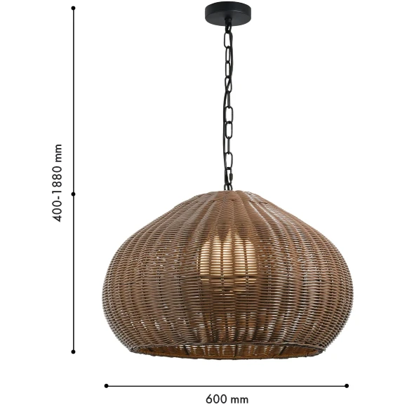 Favourite Wicker 4884-1P Уличный подвесной влагозащищенный светильник с плафоном из коричневого ротанга диаметром 60см, высота плафона 40см, общая высота 188см, лампа Е27 1шт макс 40Вт, IP44, 220В