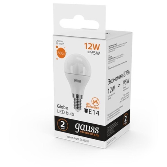 53112 Лампа Gauss LED Elementary Шар 12W 880lm E14 3000K 1/10/100
