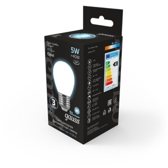105202205 Лампа Gauss LED Filament Шар OPAL E27 5W 450lm 4100K 1/10/50 105202205 Лампа Gauss LED Filament Шар OPAL E27 5W 450lm 4100K 1/10/50