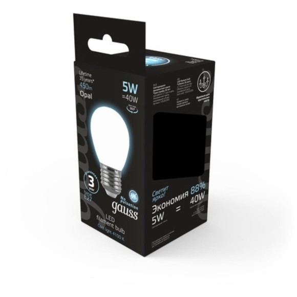 105202205 Лампа Gauss LED Filament Шар OPAL E27 5W 450lm 4100K 1/10/50 105202205 Лампа Gauss LED Filament Шар OPAL E27 5W 450lm 4100K 1/10/50