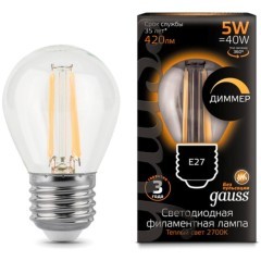 105802105-D Лампа Gauss Filament Шар 5W 420lm 2700К Е27 диммируемая LED 1/10/50
