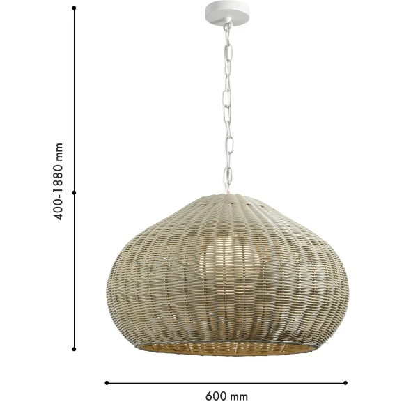 Favourite Wicker 4886-1P Уличный подвесной влагозащищенный светильник из светлого ротанга, диаметр 60см, под сменную лампу Е27, IP44, 220В, габаритные размеры в мм H1880xD600xHm360