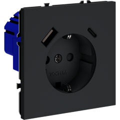 VLS040507 Розетка встраиваемая с заземлением и защитными шторками и с двумя USB зарядками Type-А и Type-C. Ток 16 Ампер (3500 Ватт) графитового цвета VOLTUM S70 (графит)