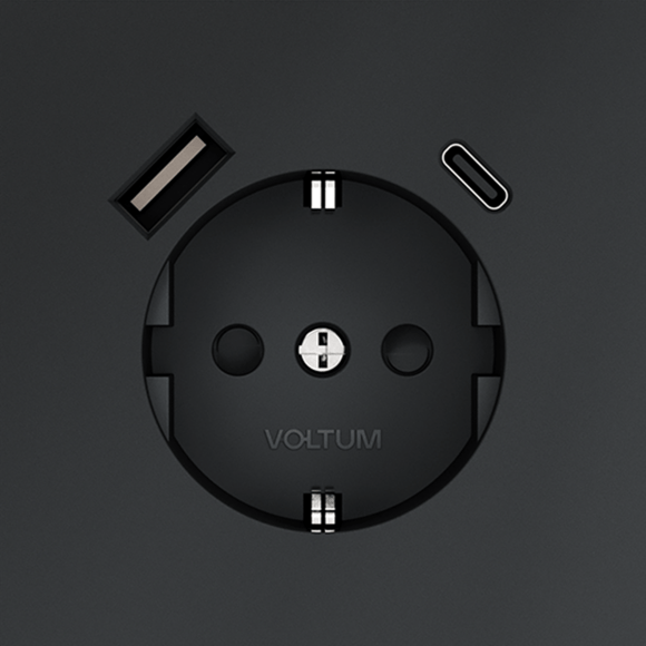 VLS040507 Розетка встраиваемая с заземлением и защитными шторками и с двумя USB зарядками Type-А и Type-C. Ток 16 Ампер (3500 Ватт) графитового цвета VOLTUM S70 (графит)